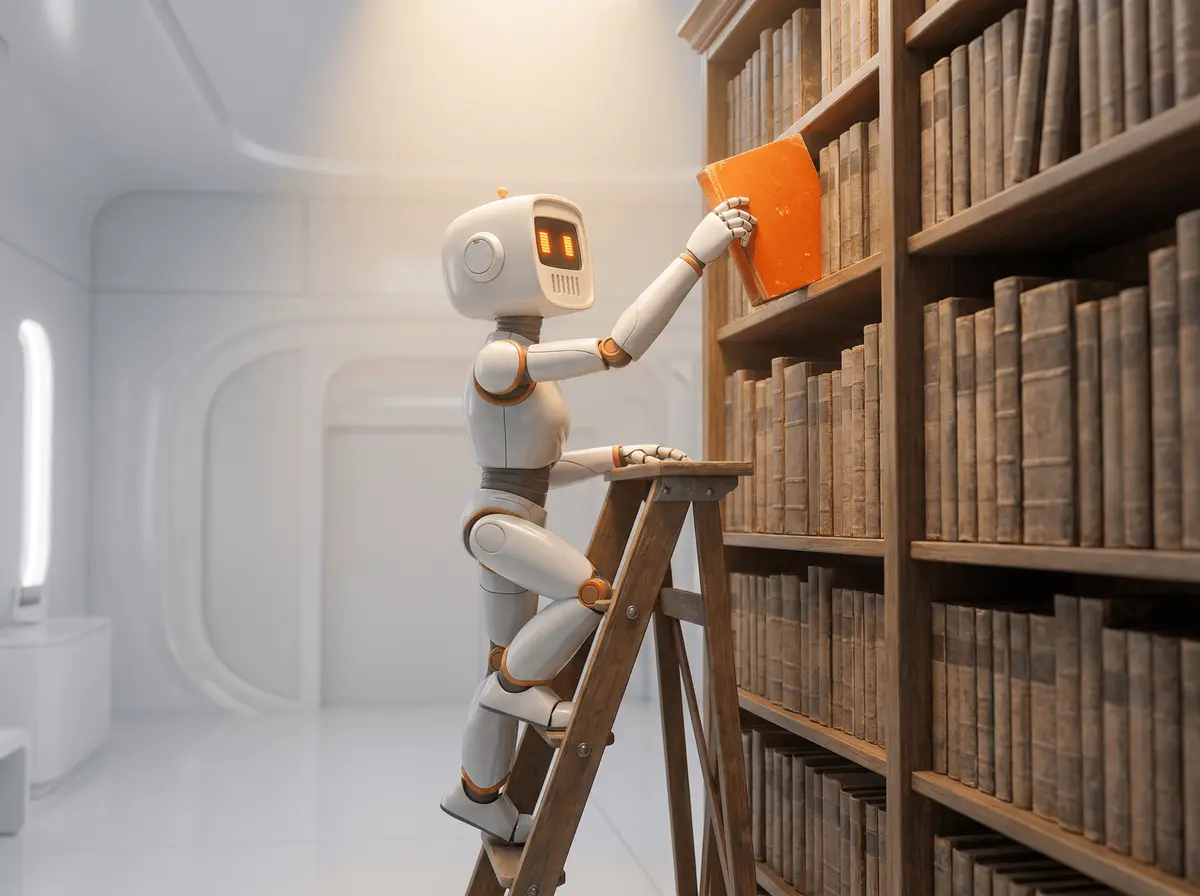 The Ad Clanker robot on a library ladder pulling a classic advertising book off the shelf